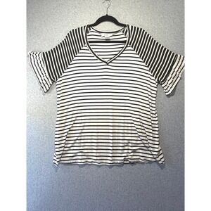 Womens XL Black, blue & White Striped V-Neck Ruffle Sleeve Raglan Top